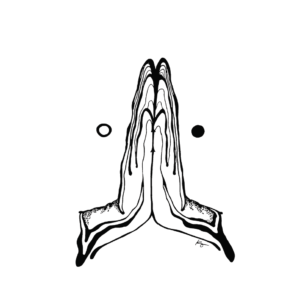 Art print for home decor of a black and white abstract line drawing of an image of two hands in prayer position with a circle on each side of the hands.